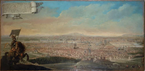 Kawaleryjski widok Paryża z konnym portretem szwoleżera des Essarts, ok. 1645 r. (olej na płótnie)