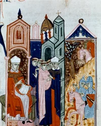 Ceremonia przyjęcia habitu miniaturowego mnicha z „Decret de Gratien” („Concordia discordantium canonum” lub „Decretum Gratiani”) z 1140 r. regulująca prawa i kanony Kościoła rzymskokatolickiego. XIV-wieczna Cesena Biblioteca malatesti