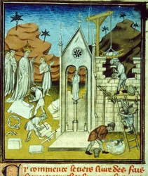 Karol Wielki zwiedzający budowę katedry - Iluminacja rękopisu na welinie średniowiecza „Wielkie Kroniki Saint-Denis” koniec XIV wieku (ref. 512, 096r) Prośba o pozwolenie do Biblioteki Miejskiej w Tuluzie (tel: 05 62