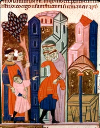Dzieci są powierzone mnichom do edukacji Miniatura z Kodeksu Justyniana (Codex Justinianus), zbioru praw i instytucji przeredagowanych za czasów cesarza rzymskiego Justyniana I Bizancjum (483-565)
