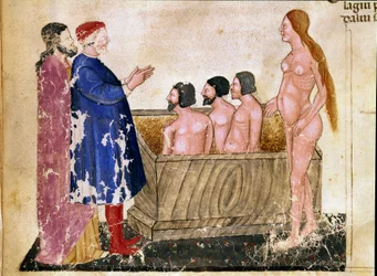 Krąg Adulatorów: Dante i Virgil spotykają Alessio Interminelli (lub Intermineii), Lorda Lucca i prostytutkę Thais. Podświetlana strona ilustrująca osiemnastą pieśń piekła z „Divina Commedia” Dantego Alighieri (1265-1321). XIV wiek, Wenecja,