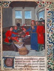 Bicie monet w średniowieczu. Miniatura ze szkicu Nicolasa Oresme (1320-1382). XV w. B.N. Paryż