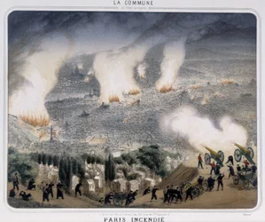 Gmina Paryż: pożar Paryża. Komunardowie strzelający z armat w kierunku Paryża. 1871.