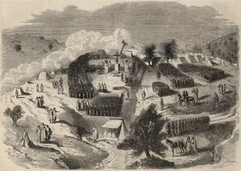 Conquete de Algerie: wyprawa do Wielkiej Kabylii w 1857 roku, położenie pierwszego kamienia pod Fort Napoleon w Souk-el-Arba (Souk el Arba). Grawer w „Le Monde illustrious” z 1857 r. Ze zbiorów prywatnych.