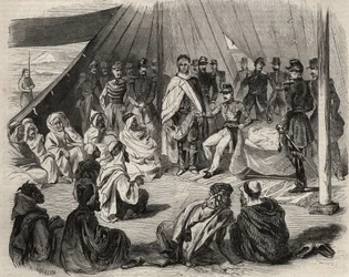 Podbój Algierii: wyprawa do Wielkiej Kabylii w 1857 r. Poddanie kabylskiego plemienia Beni-Raten (Beni Raten) przez armię francuską. Grawer w „Le Monde illustrious” z 1857 r. Ze zbiorów prywatnych.