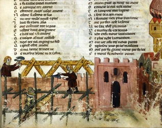 Scena budowy. Miniatura z „Roman de Troie” Benoîta de Sainte-Maure. XIV wiek, Biblioteca Marciana, Wenecja.