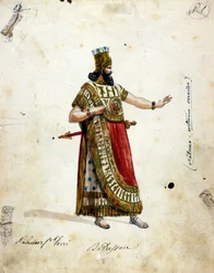Kostium Nabuchodonozora, króla Babilonu, w operze Giuseppe Verdiego (1813-1901), „Nabucco”, początkowo zatytułowanej „Nabucodonosor”. Muzeum La Scala