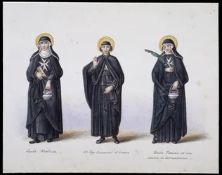 Kostiumy: 1. Santa Ubaldesca, 2. St Ugo di Genova, 3. Santa Toscana di Vita. sd. 19 wiek.