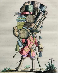 Kostiumy z Paryża przez wieki - Grawerowanie nr. 81 zatytułowany „Admire la Force” – Karykatura wykonana przez narkotyki przeciwko Armandowi Nomparowi II de Caumont (1679-1761) Książę La Force oskarża monopol w 1721 roku
