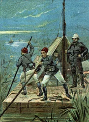 Przeprawa przez bagna Bahr el Ghazal w Afryce przez misję Marchand w 1899 r. Chromolitografia Liebiga z XIX wieku