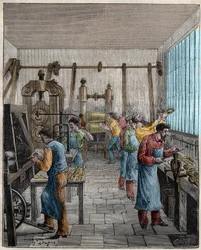 Warsztat produkcji sztućców (Posate) we Francji w XIX wieku. Grawer z 1885 roku w „Les arts et metiers illustres” Adolphe BITARD.