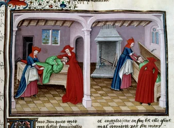 Śmierć Pacjent cierpi. Po jego śmierci jego ciało zostaje umieszczone w trumnie. Miniatura z „Le decameron” Jeana Boccaccio (Giovanni Boccaccio) (1313-1375) 1450 Paryż, biblioteka Arsenału