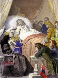 Śmierć Ludwika XIV (1638-1715), króla Francji, 1 września 1715 roku w Wersalu oraz przyszły Ludwik XV (1710-1774).