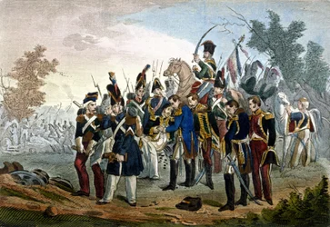 Śmierć marszałka Lannesa w Essling w dniu 28 maja 1809 r. Grawerowanie XIX wieku