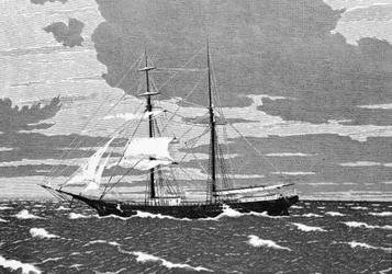 W grudniu 1872 r. Mary Celeste została znaleziona porzucona na środku Atlantyku, u wybrzeży Azorów. Kapitan, jego żona i ich dwuletnia córka oraz ośmiu członków załogi zniknęli. Grawerowanie XIX wieku.