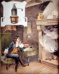 Denis Papin (1647 - 1714) wymyśla garnek. (przodek drobnego kokoty) XIX-wieczna chromolitografia.