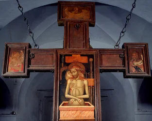 Deploracja (osadzanie) Anonimowy obraz na drewnie na odwrocie krzyża. XV-wieczne Varazze, Cappella del Castello Invrea Włochy