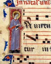 Fragment iluminowanej strony chorału przedstawiającego świętego