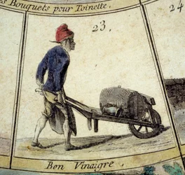 Szczegóły gry gęsi Cree of Paris: sprzedawca octu. Rycina z XVIII wieku. Dz. Odjazd.
