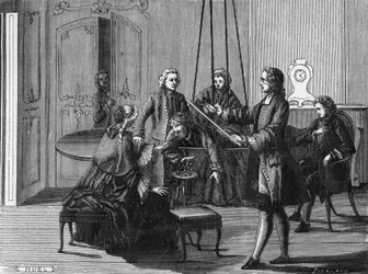 Doświadczenie Dufaya. Charles François Du Fay (Dufay?) (1698 - 1739), francuski chemik i fizyk, wykazał, że z ludzkiego ciała można wydobywać iskry elektryczne. Grawerowanie z albumu naukowego. Francja XIX wiek.