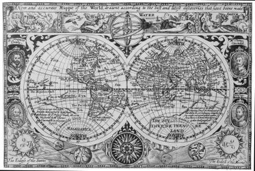 Mapa świata z początku XVII wieku, według Mercatora, z portretami odkrywców (Drake, Magellan, Thomas Cavendish i Oliver van der Nort), żywiołami i zaćmieniami.