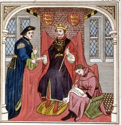 Edward III (1312 - 1377) otrzymał hrabia Guy of Flanders. Rycina z końca XVIII wieku. Biblia di Brera, Mediolan.