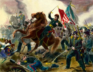 Epizod wojny secesyjnej (1862-1865) lub wojny domowej w Stanach Zjednoczonych: amerykański generał sił Unii Ulysses Simpson Grant (1822-1885) podczas bitwy z wojskami Stanów Konfederacji. Rycina XIX-wiecznej prywatnej kolekty
