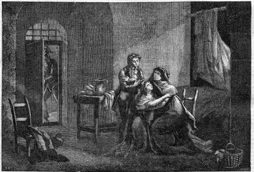 Eugene i Hortense Beauharnais pocieszają swoją matkę Josephine de Beauharnais w swoim więzieniu (Prison des Carmes)