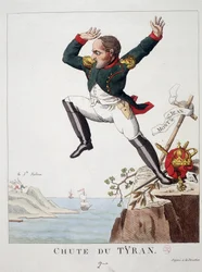 Upadek tyrana: Napoleon skaczący z Góry Św. Jana (Bitwa pod Waterloo) na Wyspę Św. Heleny - w „”Napoleon 1, karykatury, kolekcja manekinów””,
