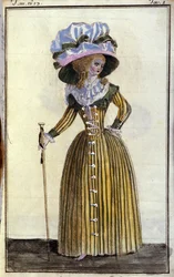 Moda: elegancka młoda kobieta z laską. 1787