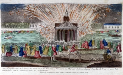 Fajerwerki odpalono na Place de Louis XV 30 maja 1770 r. z okazji ślubu Ludwika Augusta, delfina Francji, z arcyksiężną Marią Antoniną, siostrą cesarza. Grawerowanie pod koniec XVIII wieku.