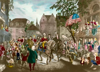 Pierwsza z amerykańskiej wojny o niepodległość: George Washington (1732-1799) triumfalny wjazd do Nowego Jorku po klęsce Anglików