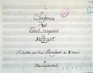 Pierwsza strona partytury symfonicznej zredukowana do dwóch fortepianów i ośmiu rąk Czarodziejskiego fletu, opera Mozarta, wersja Lichtenthala (XIX w.)