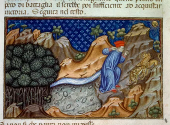 Pierwsza pieśń piekła, pantera sprzeciwia się przejściu Dantego. Ilustracja do „Boskiej komedii” (Divina Commedia) autorstwa Dante Alighieri (1265-1321). Miniatura z XV-wiecznego rękopisu. Paryż, B.N.