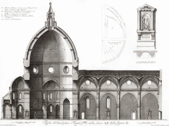 Florencja, Włochy. Duomo i katedra Santa Maria del Fiore. Przekrój katedry. Po XIX-wiecznym grawerowaniu (grawerowaniu)