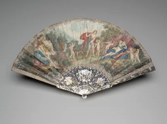 Składany wachlarz z „Adonisem prowadzonym przez Kupidynów do Wenus” według Francesco Albani, wierzchowiec ok. 1720-1730, osłony i kije ok. 1740-1750 (gwasz i akwarela na podwójnym liściu welinu, macicy perłowej, złocenia i kleju )