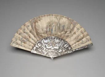 Składany wachlarz z Jakubem spotykającym Rachel przy studni, ok. 1760-70 (gwasz i akwarela na pojedynczym liściu pergaminowym, masa perłowa, złocenie i wklejanie klejnotów)