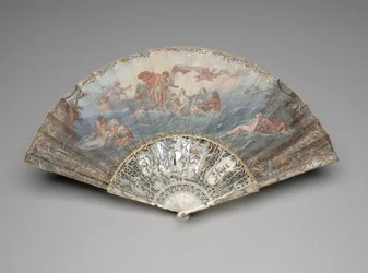 Wachlarz składany "Zachód słońca", wg François Bouchera, po 1753 (gwasz i w/c na pojedynczym liściu welinu, kość słoniowa, złocenia, gwasz, masa perłowa i pasty)