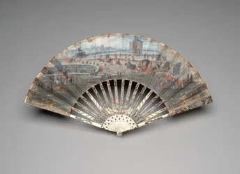 Składany wachlarz z widokiem na Pont Neuf, ok. 1755-60 (gwasz i akwarela na podwójnym liściu welinu, kości słoniowej, złocenia, gwasz, masa perłowa i pasty)