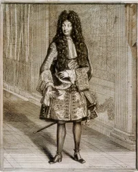 Całopostaciowy portret króla Ludwika XIV, znanego jako Król Słońce (1638-1715). Rycina z XVIII wieku. Biblioteka Narodowa w Madrycie.