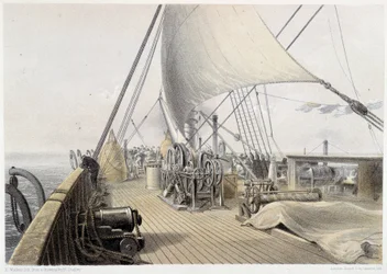 Pokład dziobowy oczyszczony do ostatniego attemetu podczas grapplingu, 11 sierpnia 1858 r. - w „The Atlantic telegraph” W.H. Russela, ca. 1860