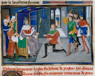 Czwarta Krucjata: przedstawienie Anioła Aleksego IV (1182-1204) jest koroną cesarską obok swojego ojca Izaaka II po tym, jak udało mu się wydostać go z więzienia w 1203. Miniatura z „”Kronika abregee”” Davida Auberta
