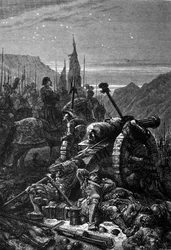 Franciszek I (1494 - 1547) pozostał w siodle na noc przed bitwą pod Marignan, wrzesień 1515. Rycina z XIX wieku.