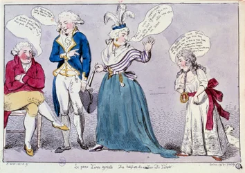 Rewolucja francuska: karykatura przeciw rodzinie królowej Marii Antoniny (1755-1793) i Ludwika XVI, zamkniętej w więzieniu Temple. Królowa i siostra króla, Madame Elisabeth, kłócą się pod okiem króla. Ich słowa zapisano w dymkach
