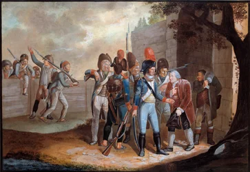 Rewolucja francuska: „”Wkład tamy wojennej przez Francuzów w Szwajcarii”” Malarstwo anonimowe. 1798. Paryż, Musee de l