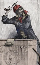 Rewolucja Francuska: Portret Jean Paul Marat (1743-1793), deputowany Montagnard na Zjeździe, rozgałęzia pistolet na podium -