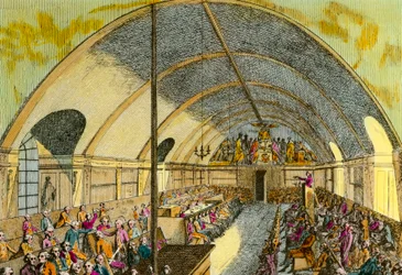 Rewolucja Francuska: reprezentacja sesji towarzystwa politycznego „Societe des amis de la Constitution” lub Club des Jacobins założonego w Wersalu w 1789 r. iw Paryżu w październiku 1789 r. przy reprezentowanym tutaj klasztorze jakobinów. Grawerowanie XVII