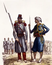Francuski mundur wojskowy: po lewej utworzono legion obcych i wysłany do Algierii w 1831 r. Po prawej rdzenni jeźdźcy, przeszkoleni i wysłani do Algierii w 1841 r. W L