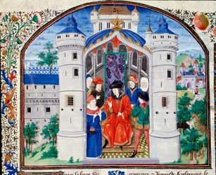 Frontyspicjum Ekonomii reprezentujący autora prezentującego swoje dzieło królowi. Miniatura z rękopisu (Ms 927 Fol.426) „Komentarz do etyki politycznej i ekonomicznej” greckiego filozofa Arystotelesa (383-322 pne) w przekładzie Nicolasa Oresme (