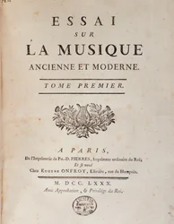 Frontyspis „”Esej o muzyce dawnej i współczesnej”” Jeana Benjamina de Laborde (Jean-Benjamin de La Borde) (1734-1794) 1780 Bolonia, civico museo musicale
